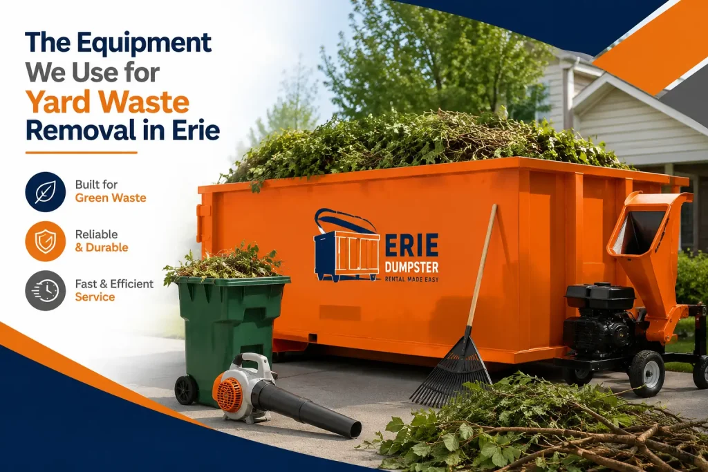 Orange roll-off dumpster filled with branches and leaves, alongside yard waste removal equipment in a residential Erie, PA setting.