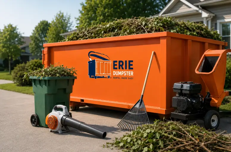 Orange roll-off dumpster and yard waste removal equipment for residential yard cleanup in Erie, PA.